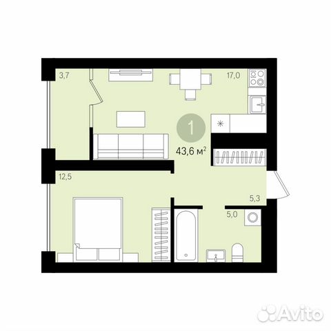 1-к квартира, 43.6 м², 3/16 эт. 1-к квартира, 43.6 м², 3/16 эт.
