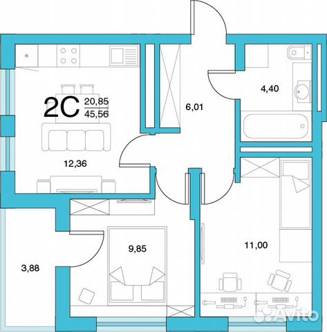 2-к квартира, 45.6 м², 6/26 эт. 2-к квартира, 45.6 м², 6/26 эт.