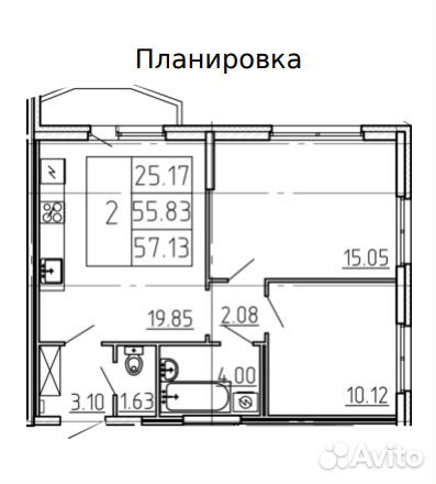 2-к квартира, 57.3 м², 3/19 эт. 2-к квартира, 57.3 м², 3/19 эт.