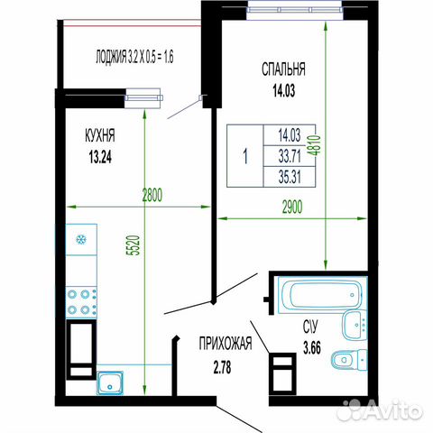 1-к квартира, 35.3 м², 24/24 эт. 1-к квартира, 35.3 м², 24/24 эт.