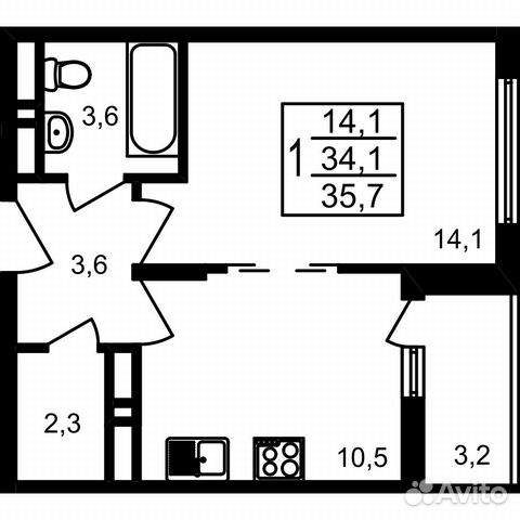 1-к квартира, 35.7 м², 17/17 эт. 1-к квартира, 35.7 м², 17/17 эт.