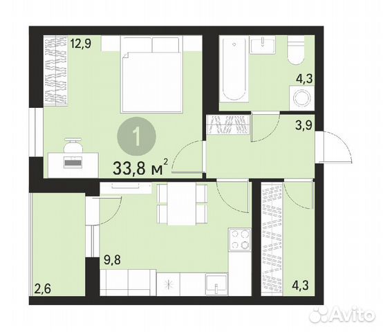 1-к квартира, 33.8 м², 4/10 эт. 1-к квартира, 33.8 м², 4/10 эт.