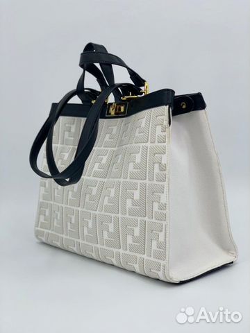 Новая женская сумка шопер кожа + деним Fendi белая Новая женская сумка шопер кожа + деним Fendi белая