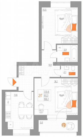 2-к. квартира, 66,1 м², 5/5 эт.