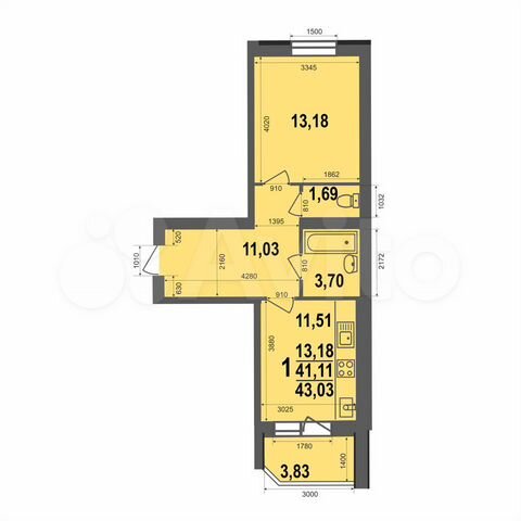 1-к. квартира, 43 м², 1/5 эт.