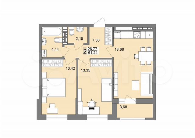 2-к. квартира, 61,2 м², 18/19 эт.