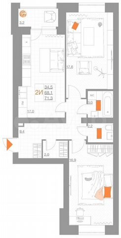 2-к. квартира, 71,3 м², 4/5 эт.