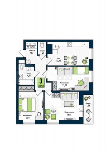 3-к. квартира, 68,7 м², 13/17 эт.