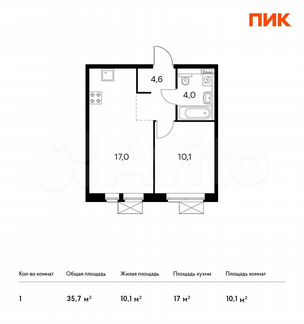 1-к квартира, 35.7 м², 5/17 эт.