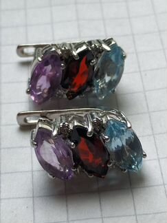 Серьги гранат аметист голубой топаз серебро