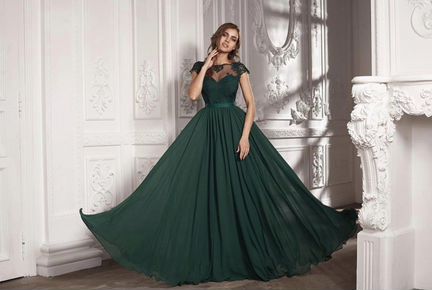 Вечернее платье (изумрудное, зелёное), XS, макси в