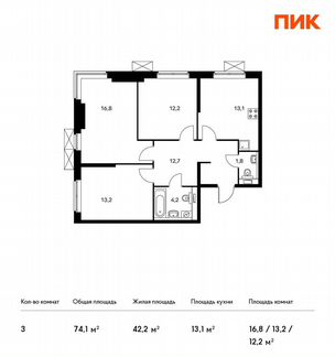 3-к квартира, 74.1 м², 16/24 эт.